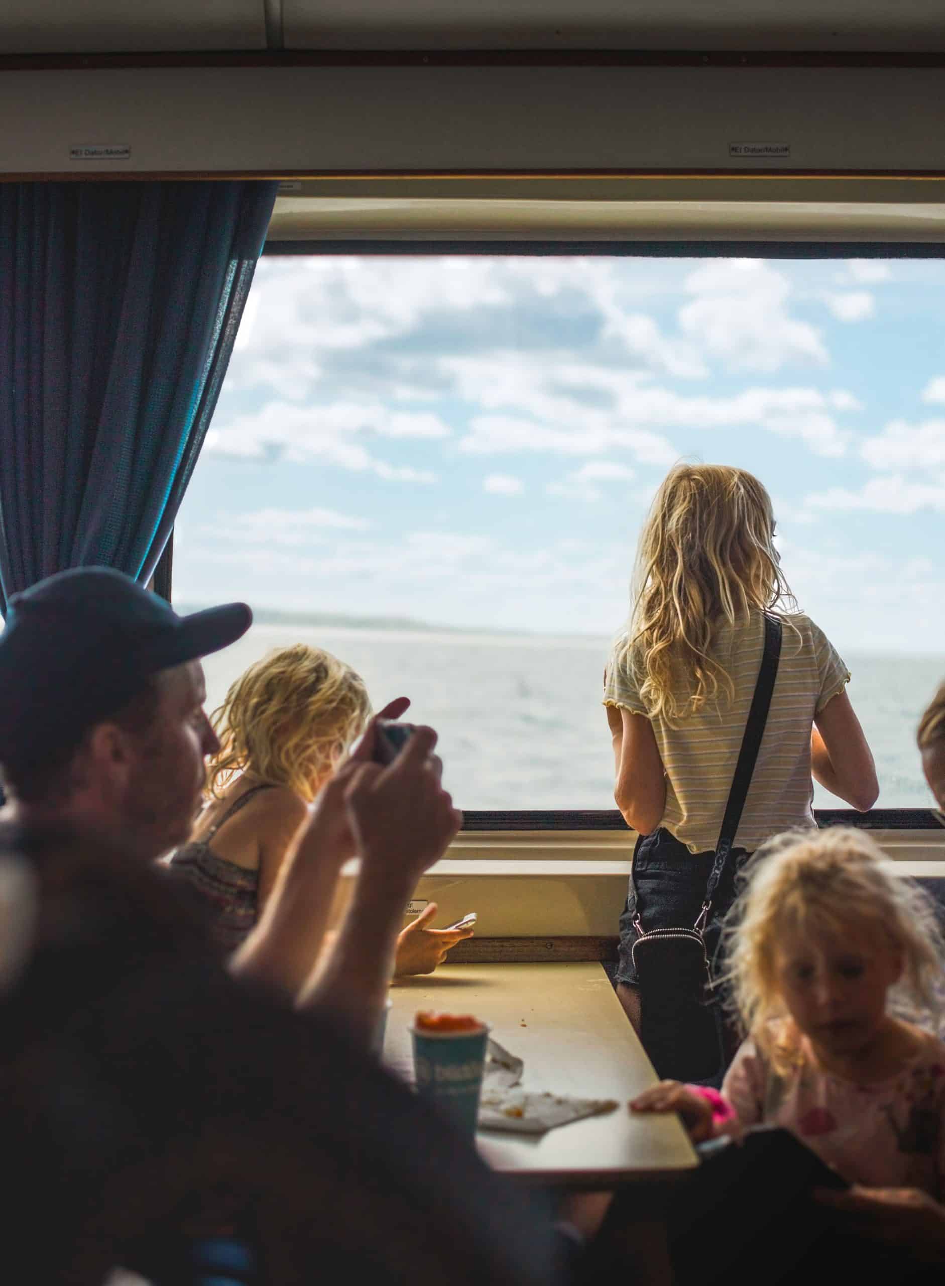 Travel nanny and children looking out the window while riding on a scenic train trip